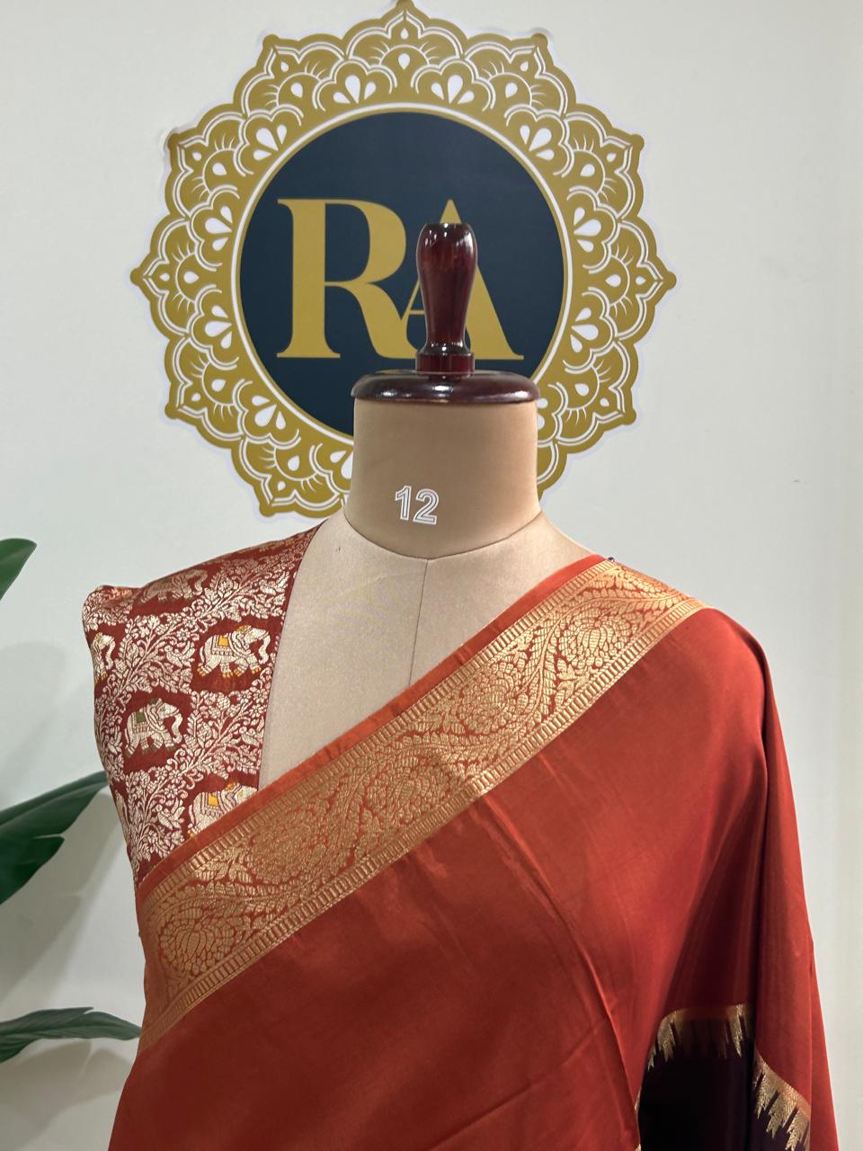 Rust orange n wine premium semi mysore-12 crepe saree - Image 5