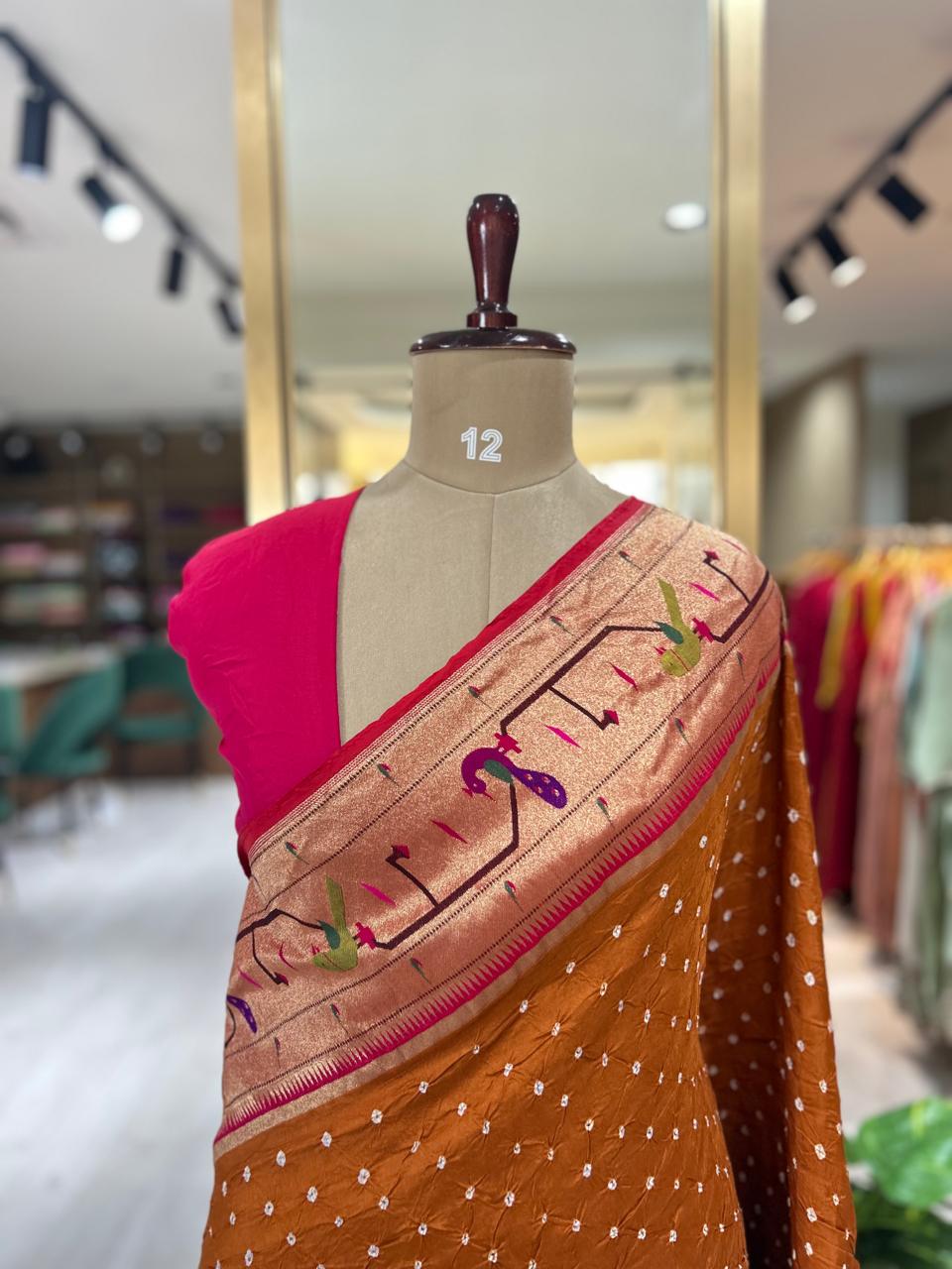 Rust orange Pure moonga silk paithani 10 saree - Image 3