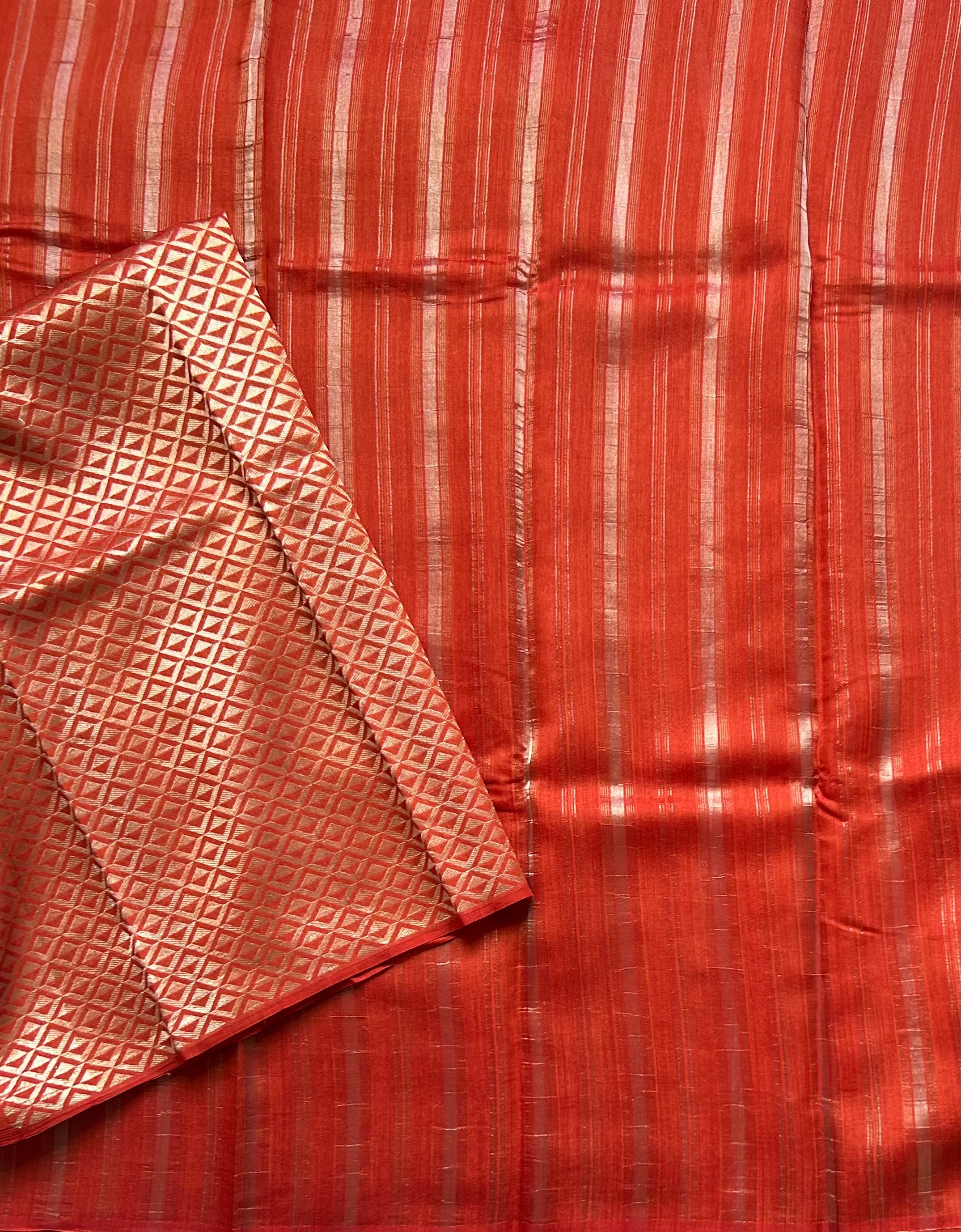 Rust orange stripes pure organza tissue 103 saree - Image 3
