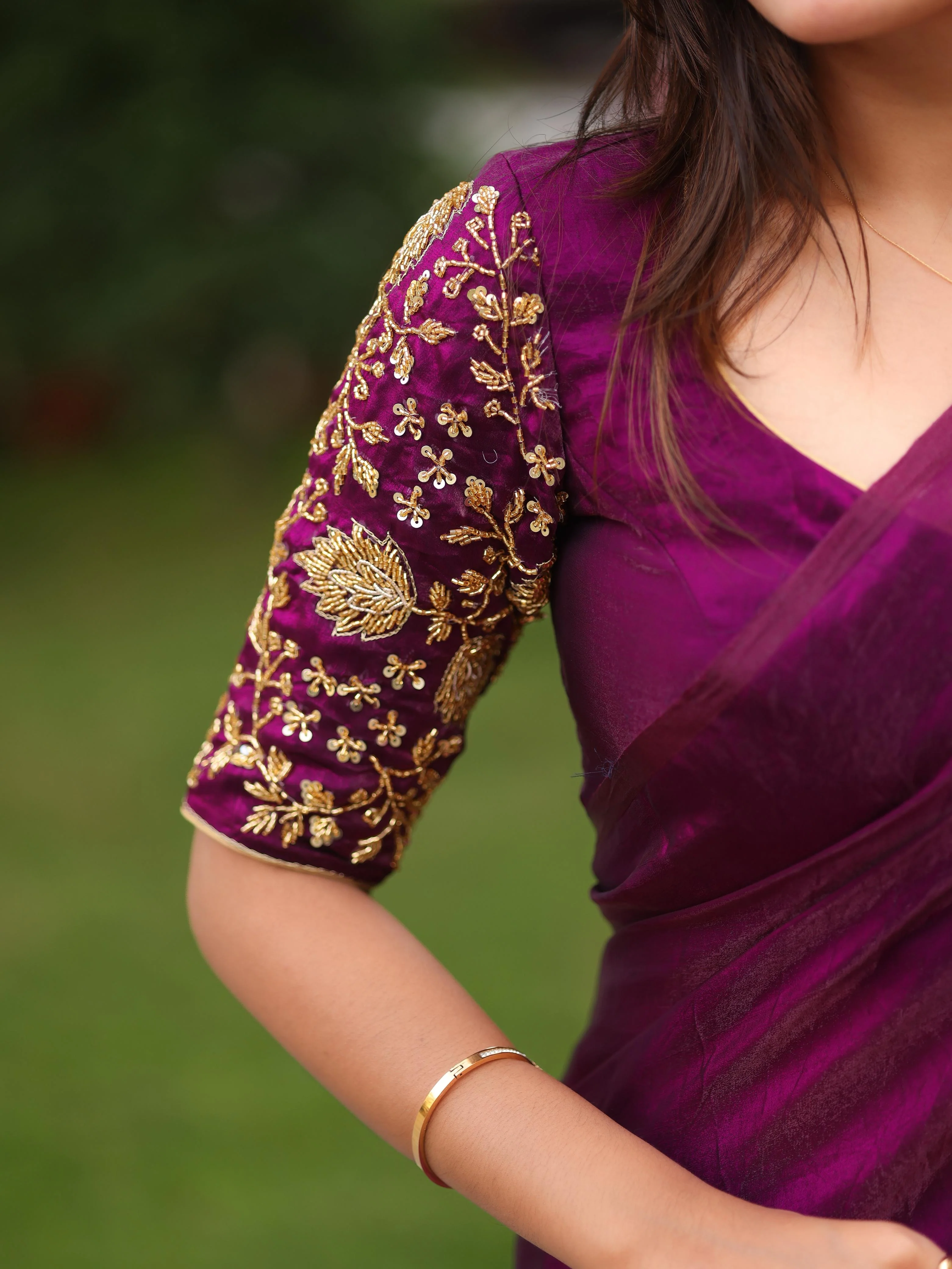 Shiny purple party wear with heavy work blouse saree - Image 3