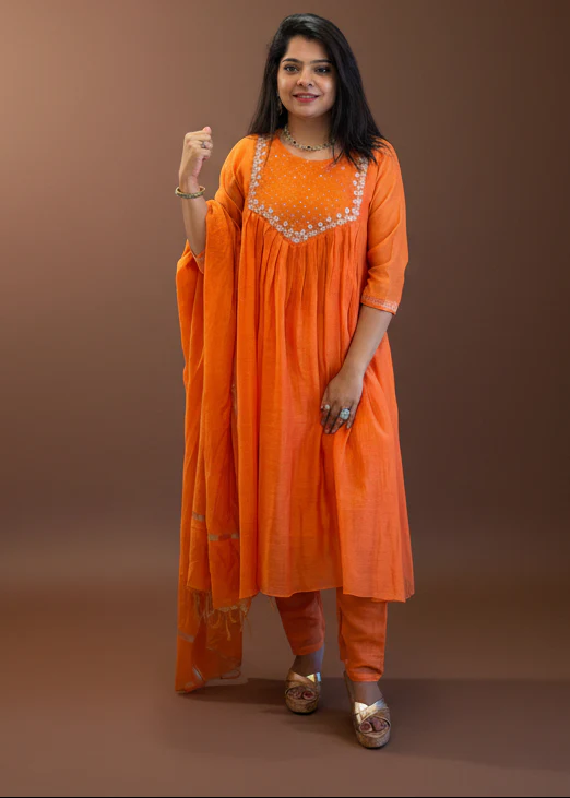 "Sita" Orange Mul Chanderi Silk Anarkali Handwork Kurtha 141 Set - Image 4