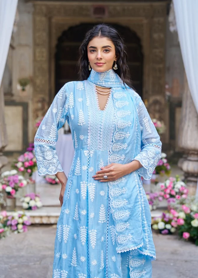 Sky Blue Cotton Hakkoba Work Anarkali Kurtha 459 - Image 2