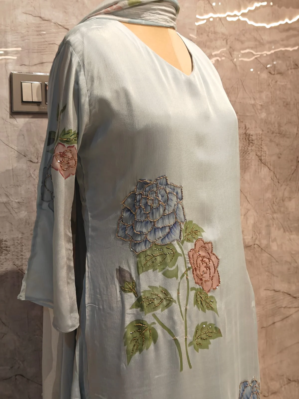 Sky Blue Crepe Airline Hand Embroidery Kurtha 765 - Image 3
