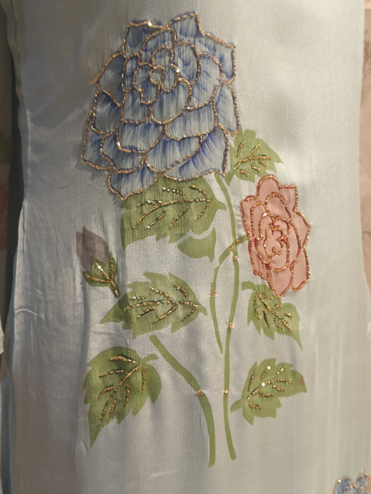 Sky Blue Crepe Airline Hand Embroidery Kurtha 765 - Image 4