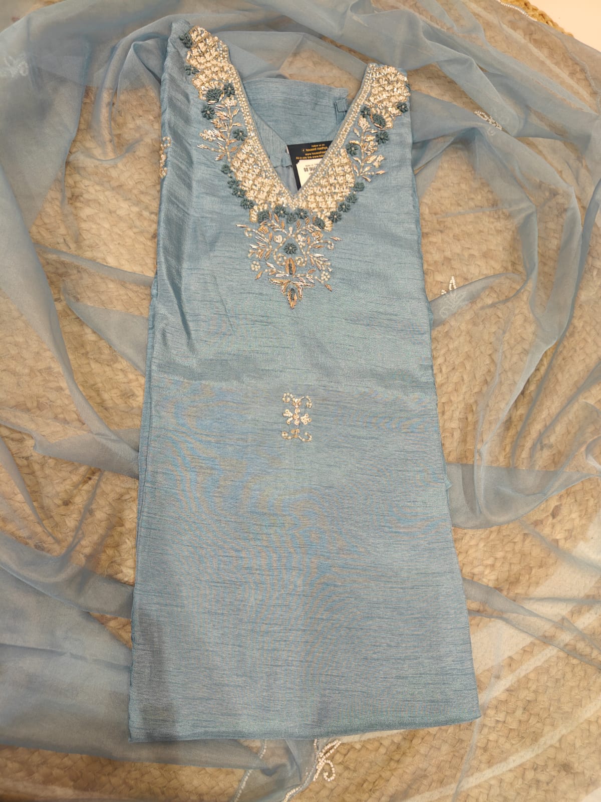 Sky blue Dola silk Pastel Kurtha with Pearl handwork embroidery work 511 - Image 2
