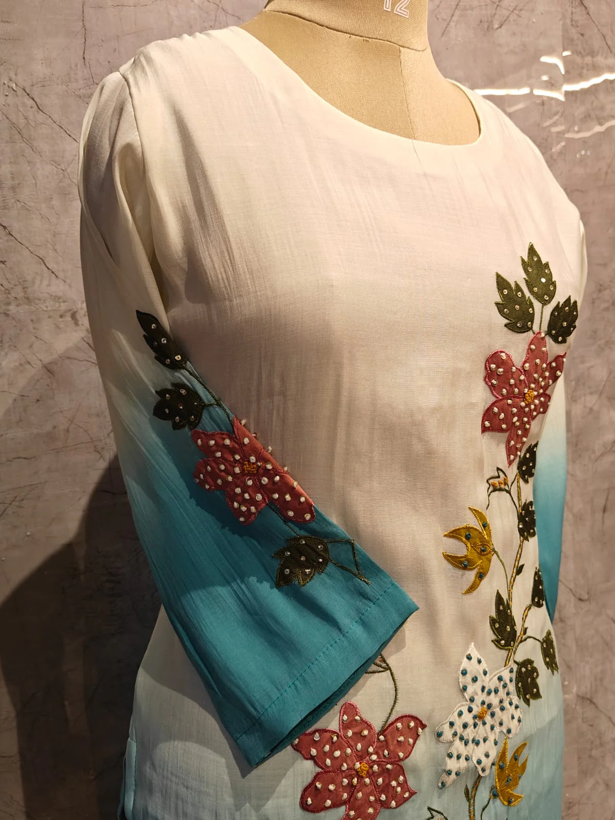 White and Blue Dola Thread Embroiedry Straight Fit Kurtha 431 - Image 4