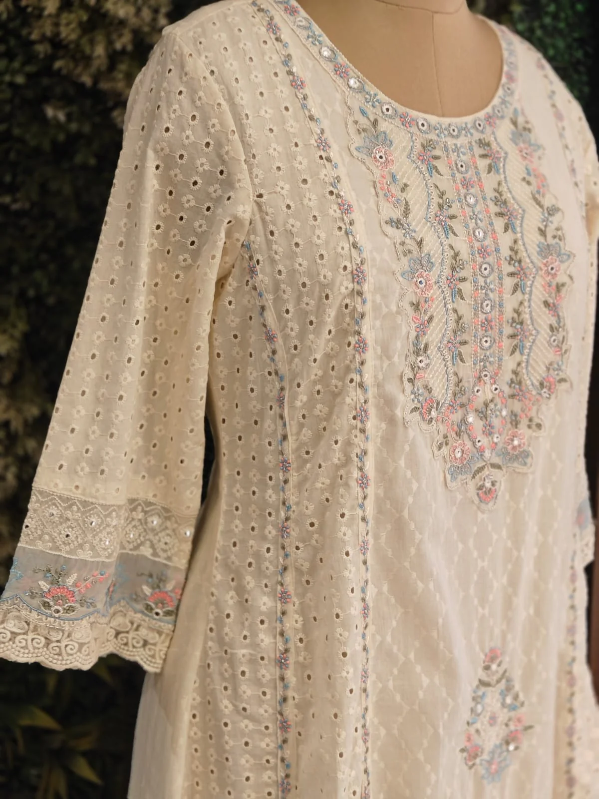 White Cotton Hacoba Work Anarkali Kurtha 459 - Image 4