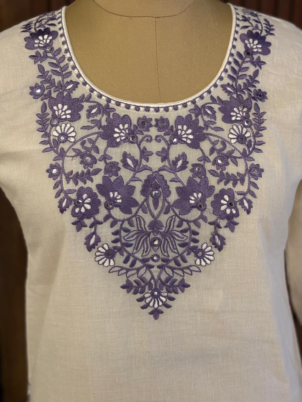 White Cotton Thread Embroidery Work Straight Fit Kurtha 482 - Image 5
