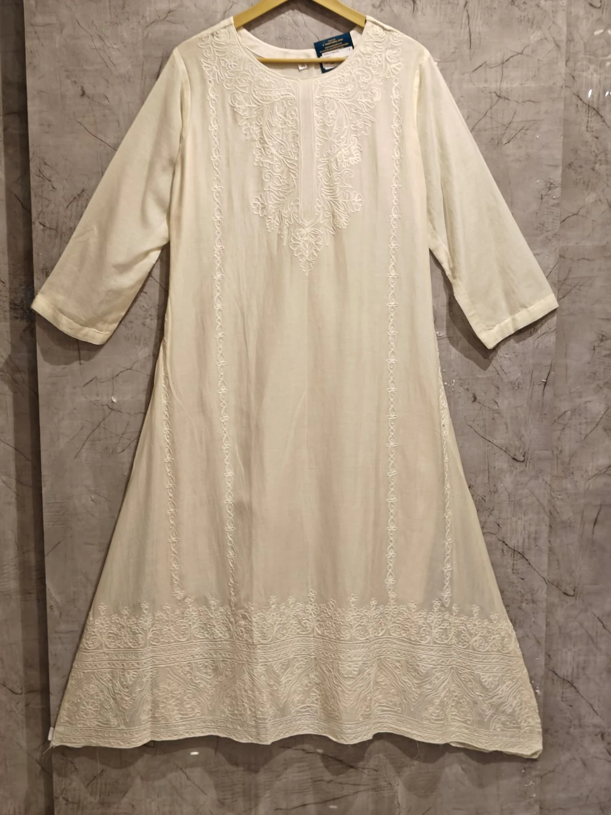 "WHITE" cotton thread embroidery Anarkali set - Image 2