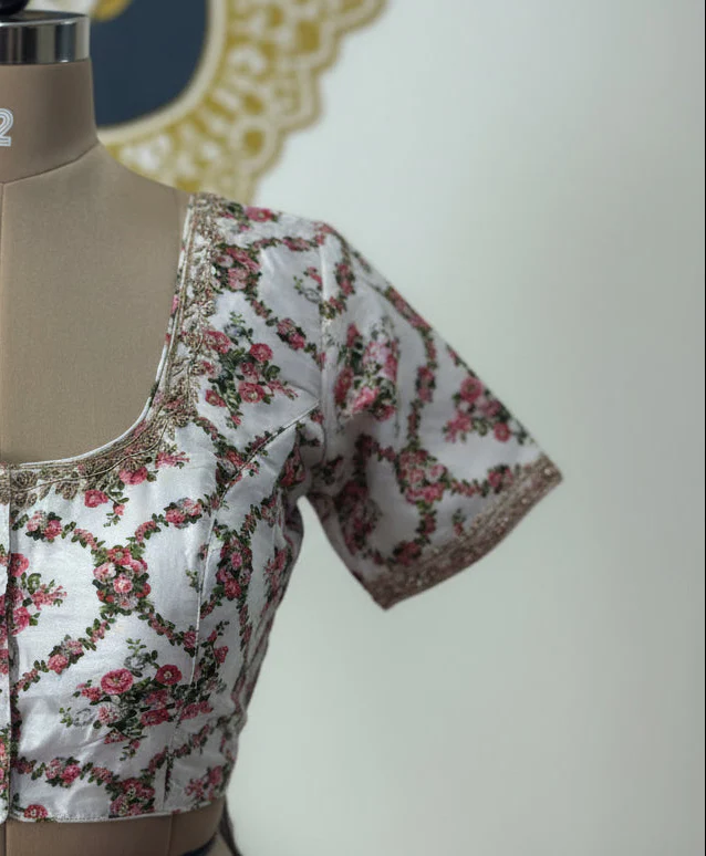 White floral printed handwork blouse-12 - Image 2