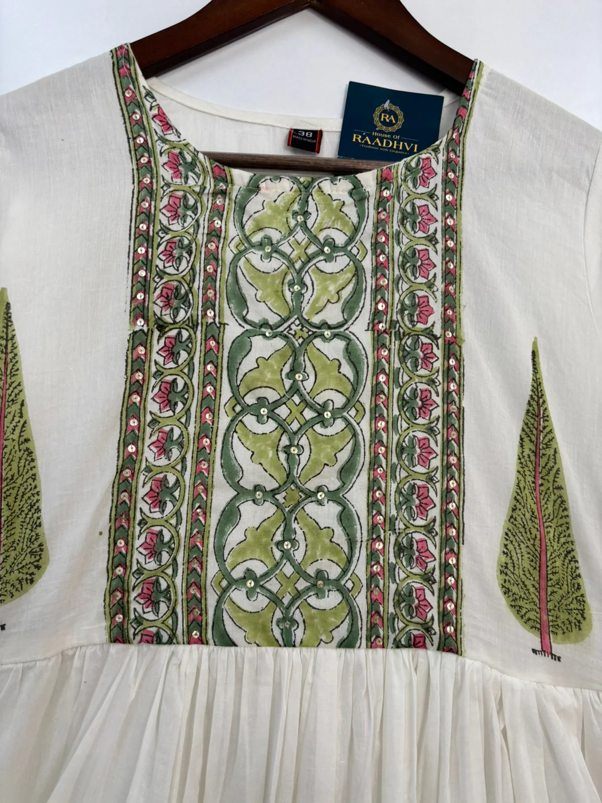 White Mul Cotton Block Print Anarkali Kurtha 98 - Image 4