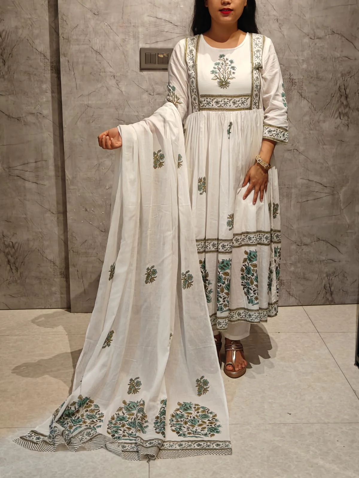 White n Green Mul Cotton Block Print Anarkali Kurtha 98 - Image 2