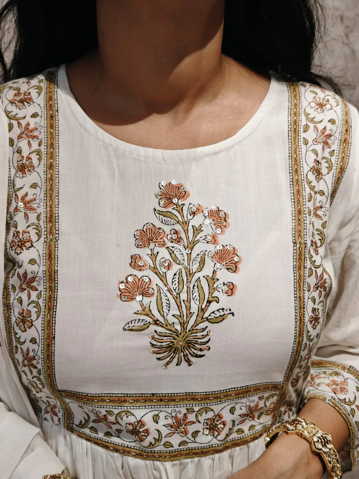 White Mul Cotton Block Print Anarkali Kurtha 98 - Image 3