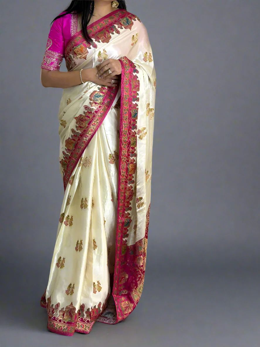 White n pink pashmina satin crepe 08 saree - Image 5
