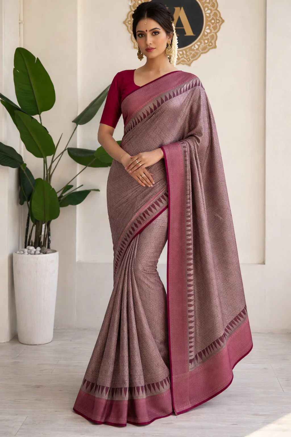 Wine brocade tissue temple border saree - Image 2