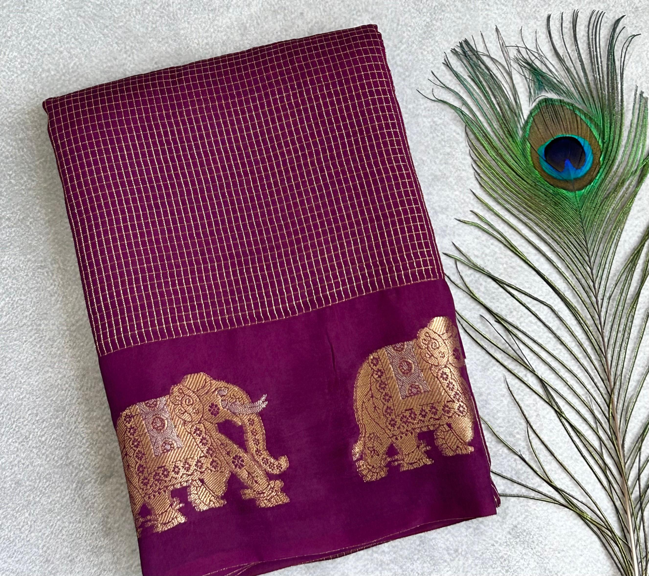 Wine small checks vintage semi mysore crepe 02 saree - Image 2