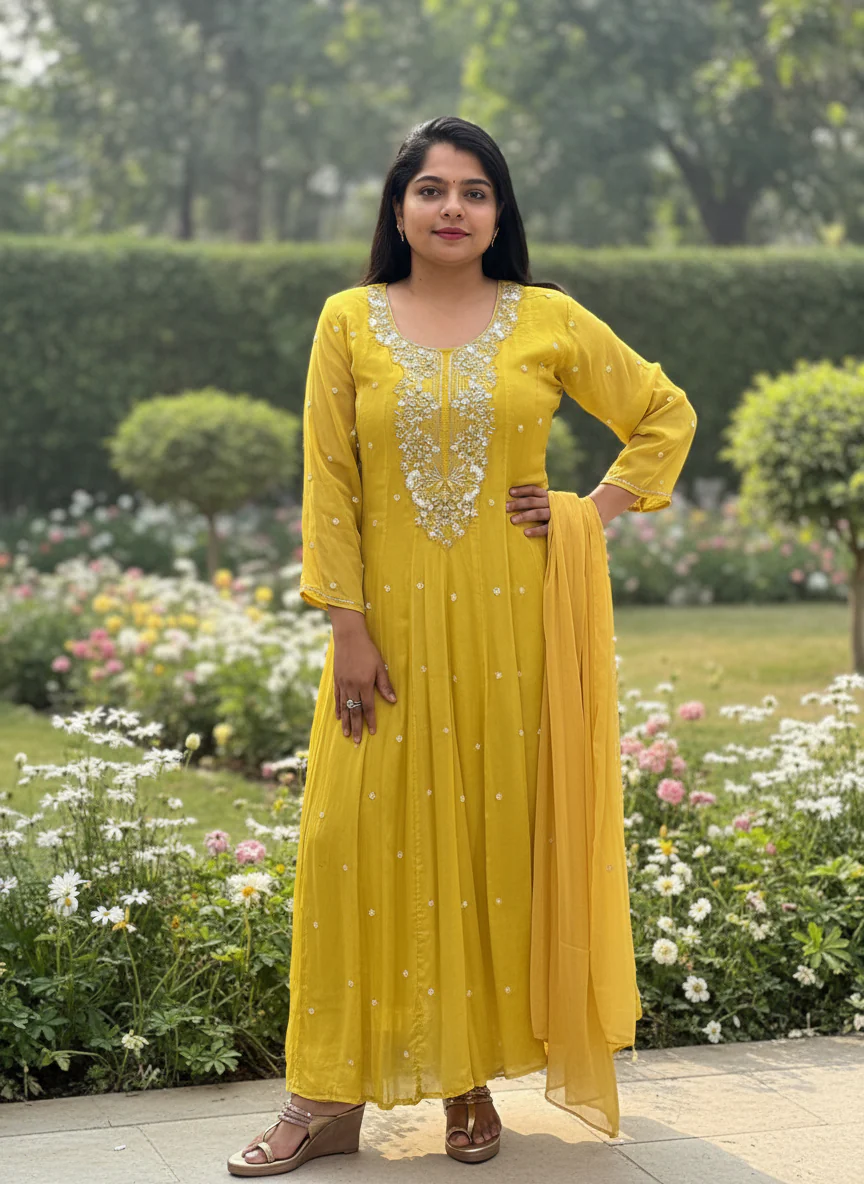 Yellow Anarkali Chinnon Hand Embroidery Kurtha 567 - Image 2