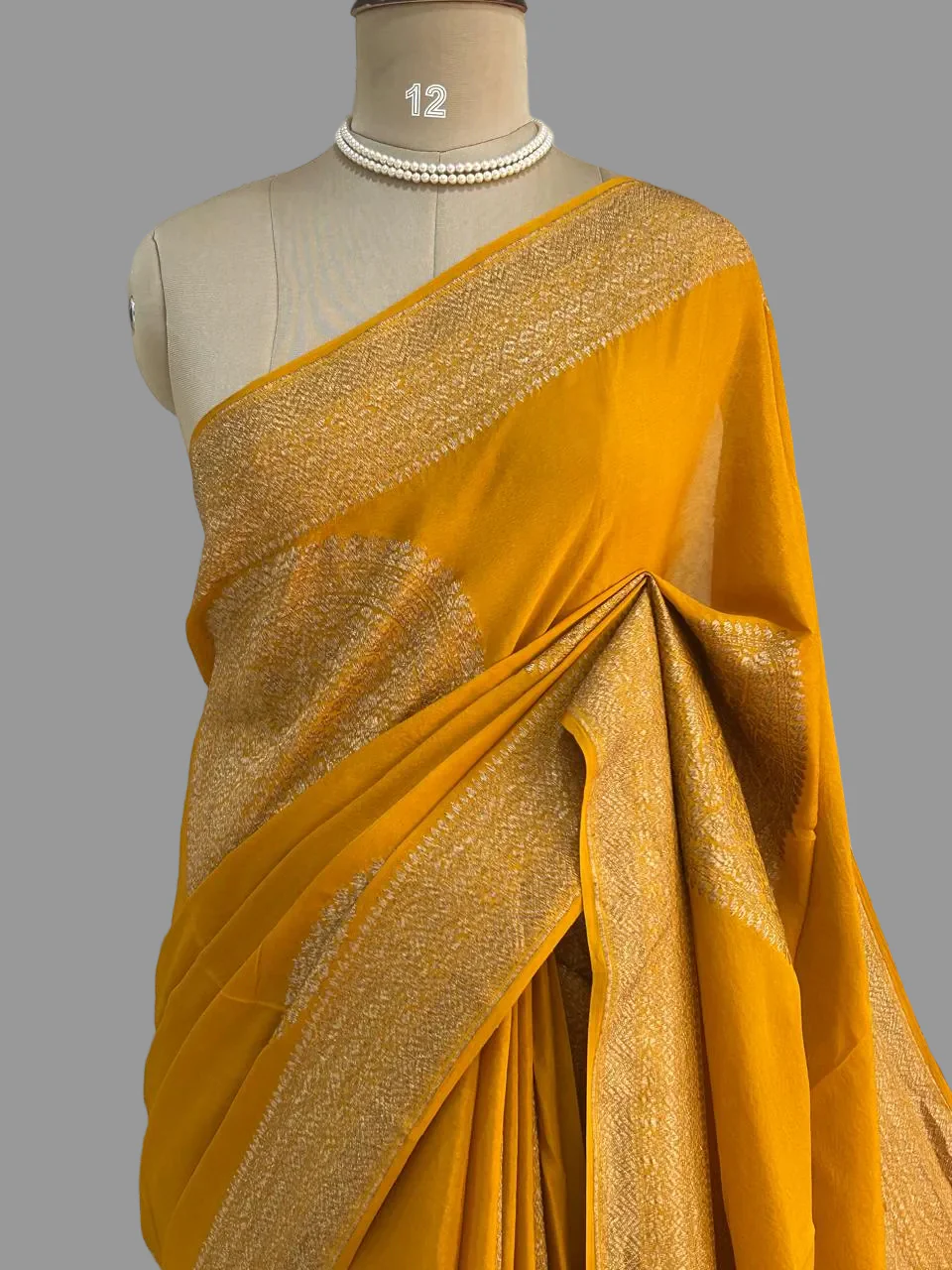 Yellow big Butta Banarasi pure crepe saree -101 - Image 2