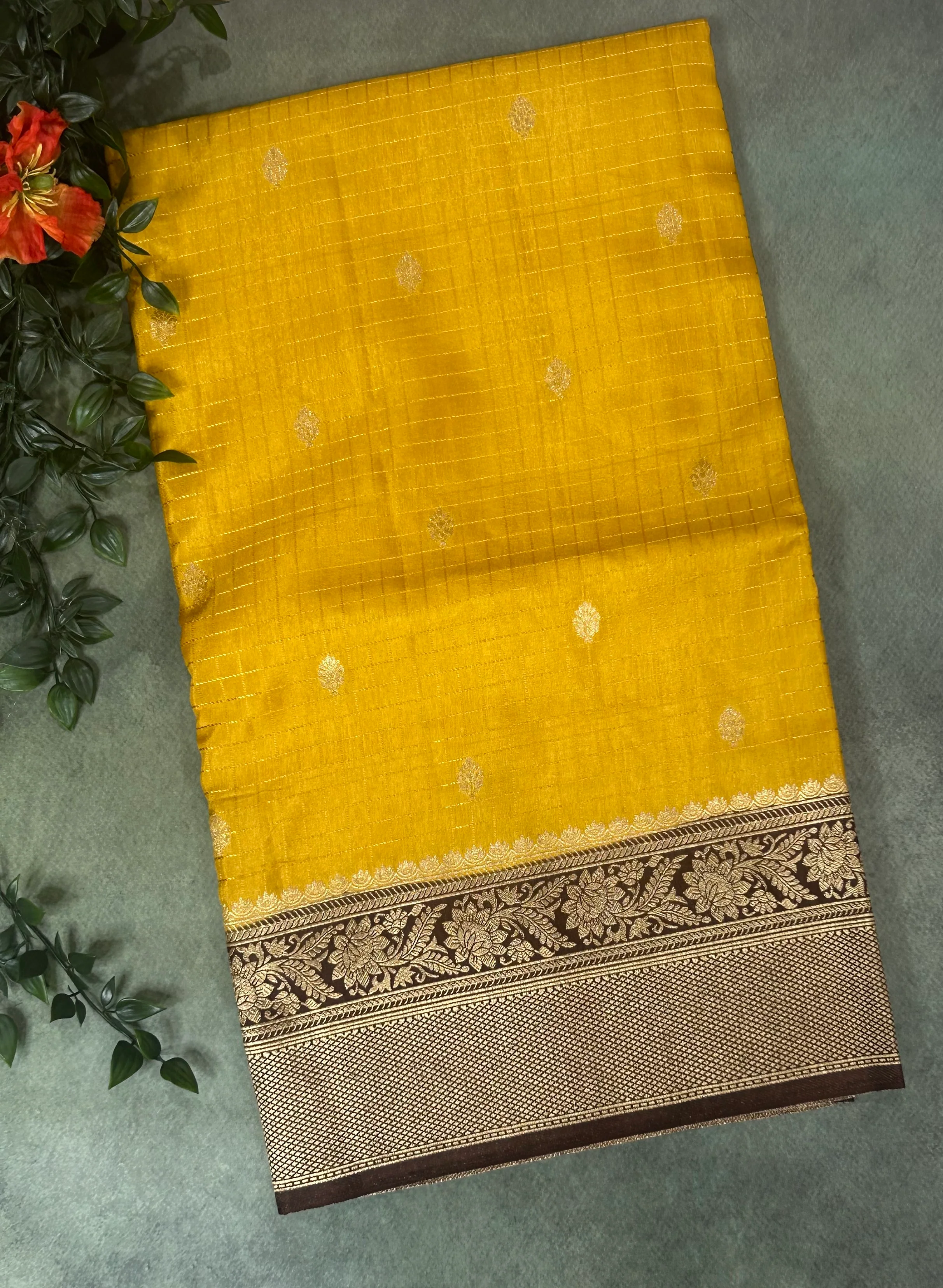Yellow checks Elegant dola silk parrot butta Saree with big Border – Designer Ethnic Wear,dola silk-10