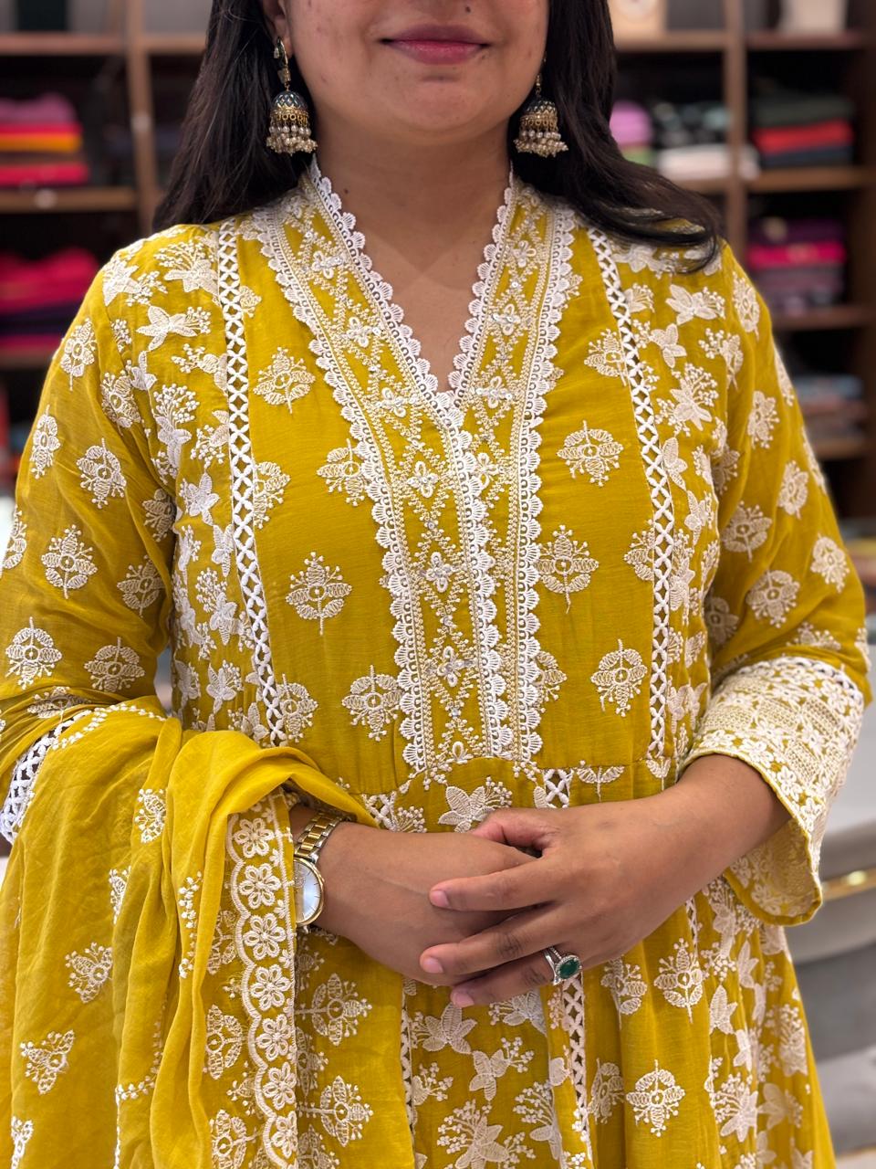 Yellow Cotton designer Hakoba chicken curry work Anarkali Kurtha 459 - Image 4