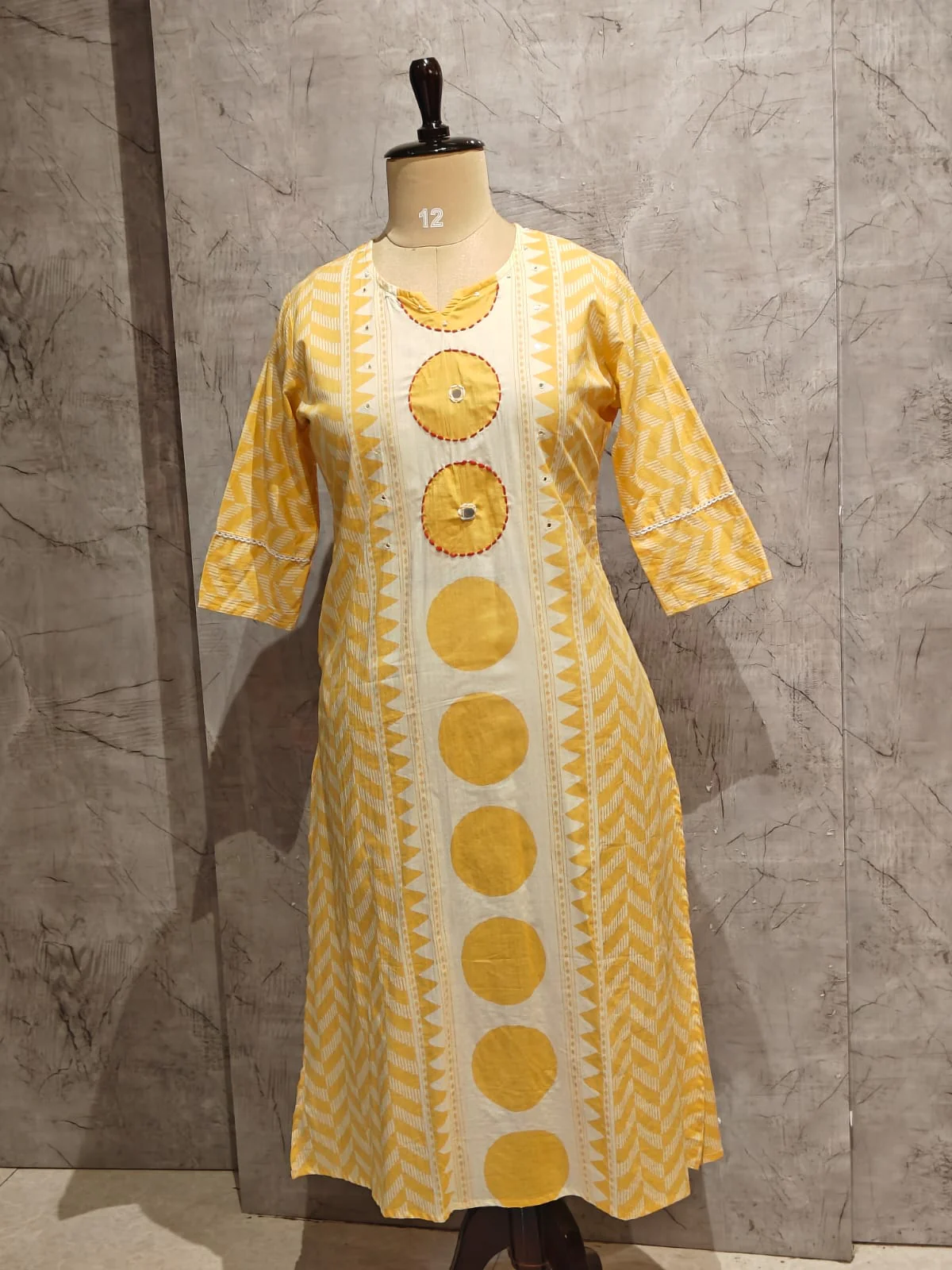Yellow Cotton Hand Embroidery Straight Fit Kurtha - Image 4