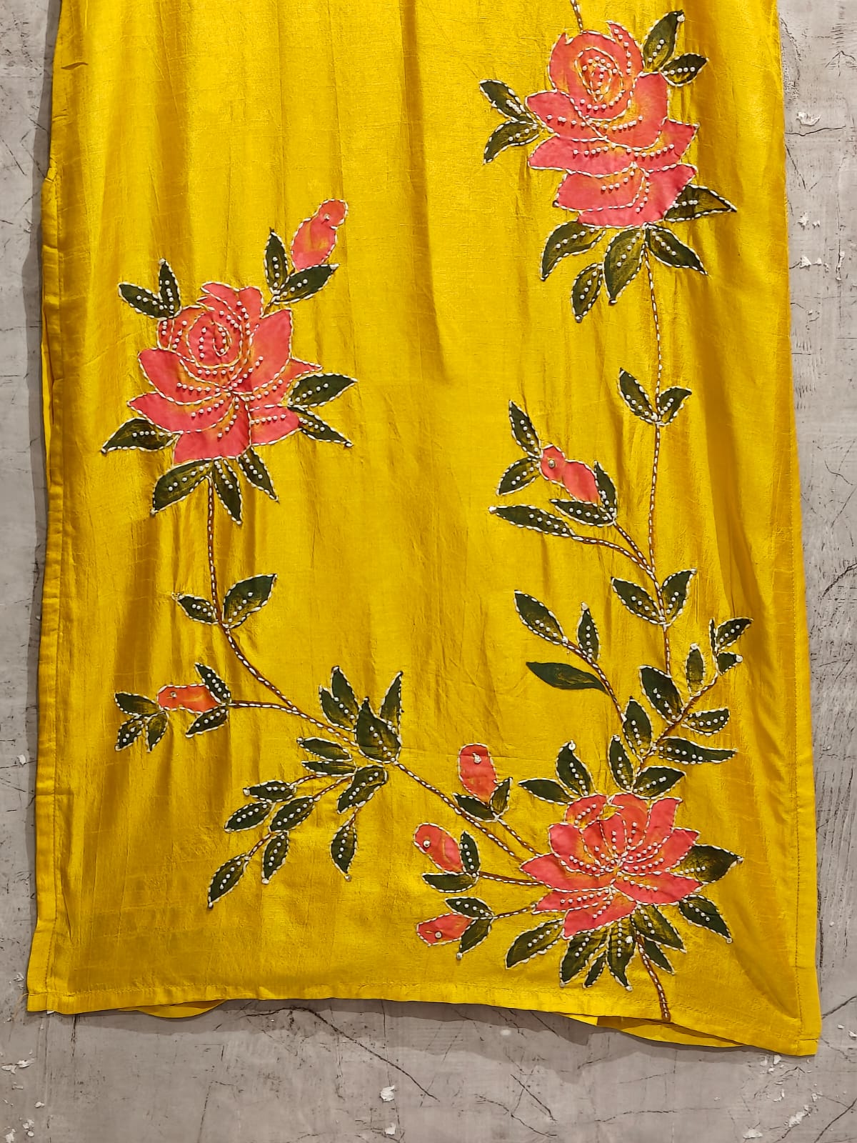Yellow Dola Silk embroidery Kurtha set - Image 3