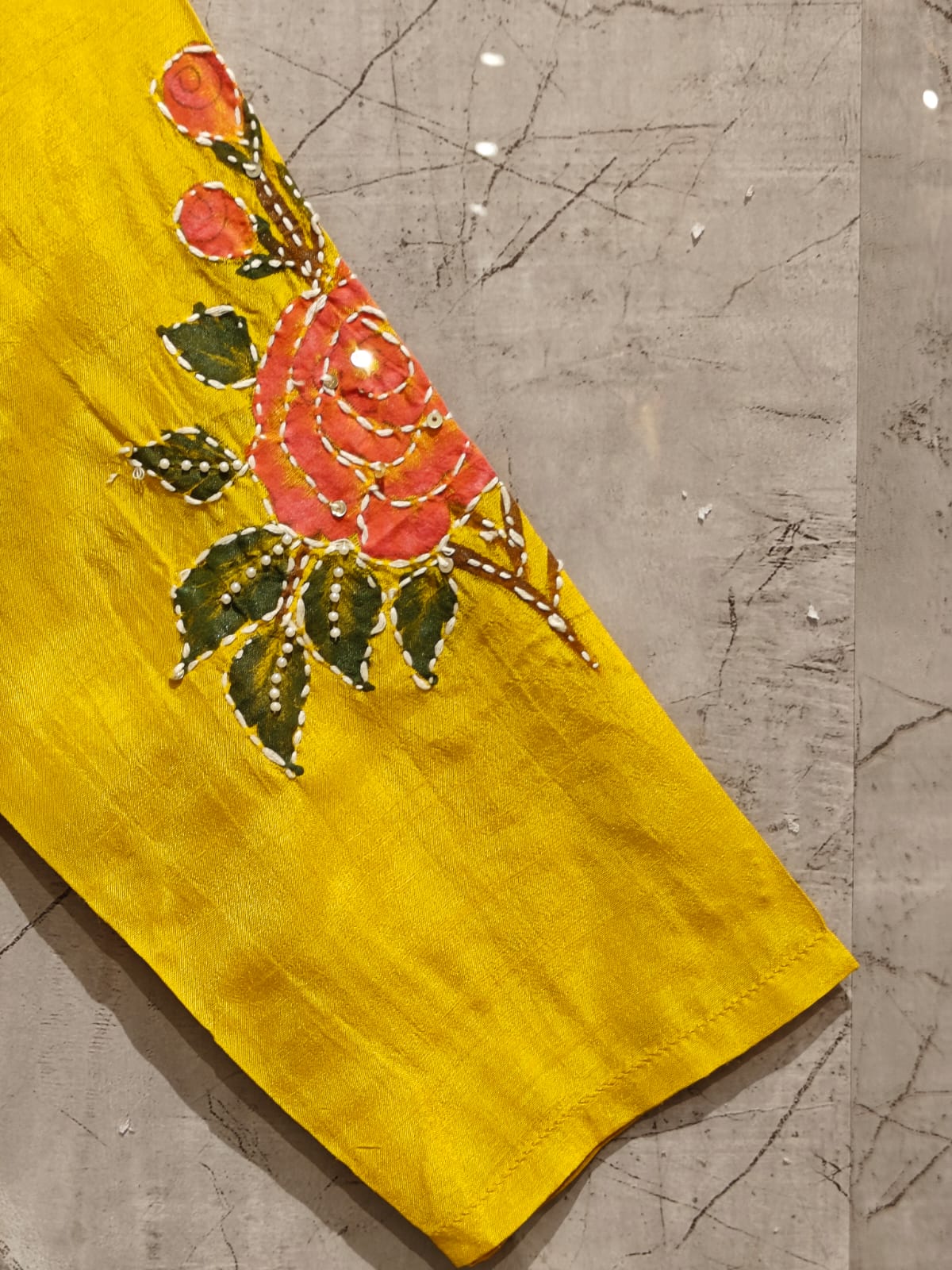 Yellow Dola Silk embroidery Kurtha set - Image 4