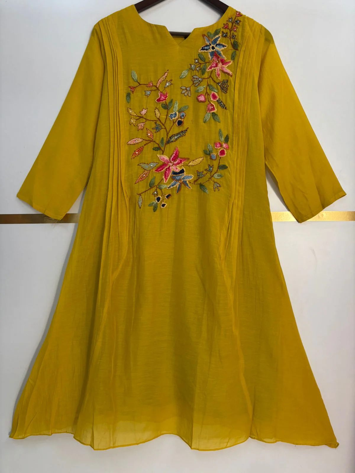 Yellow Mul Chanderi Thread Embroidery Airline Kurtha 483 - Image 2