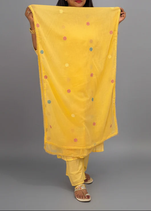 Yellow Mul Cotton Hand Embroidery Airline Kurtha 203 - Image 4