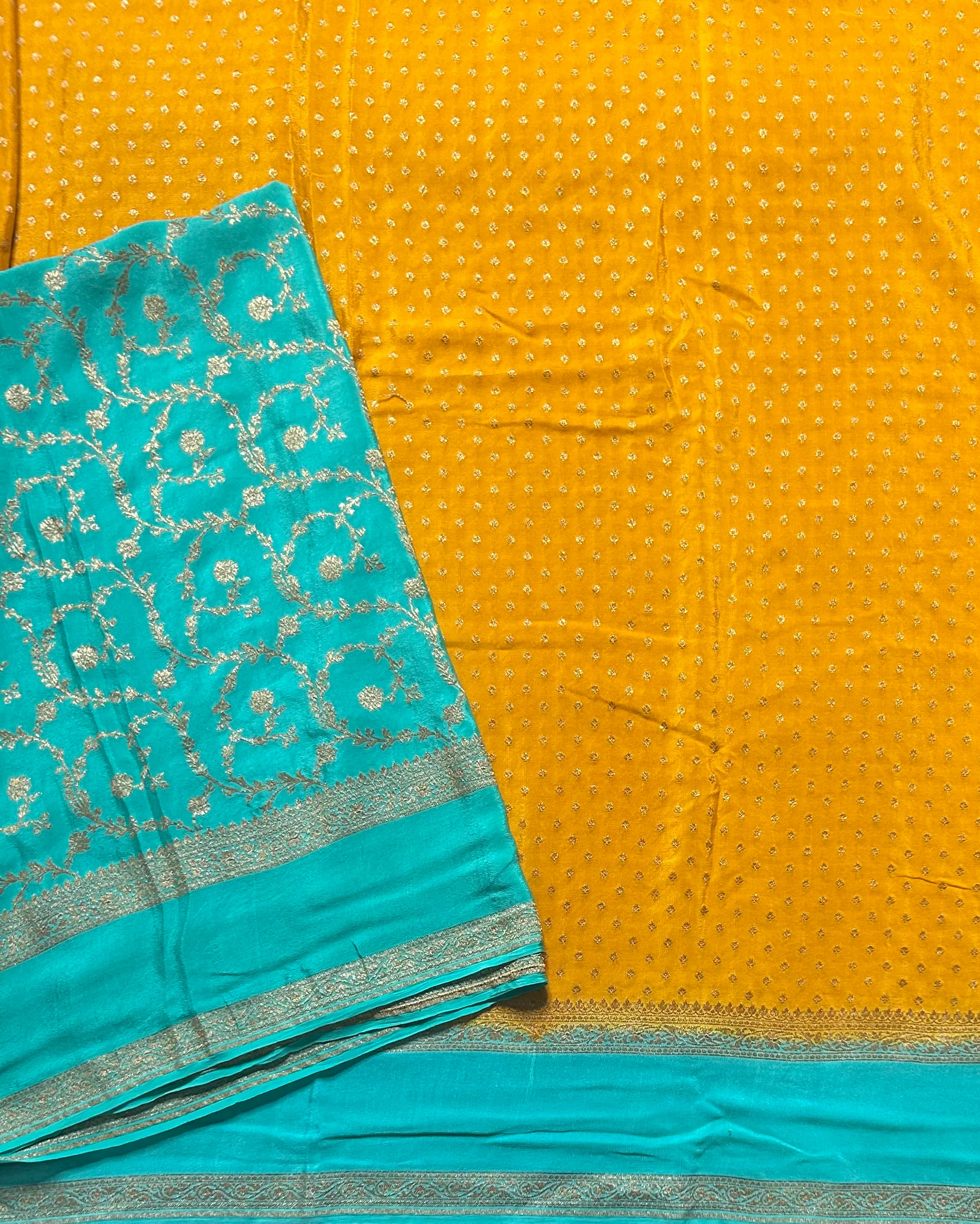 Yellow n blue pure benarasi 103 crepe silk saree - Image 3