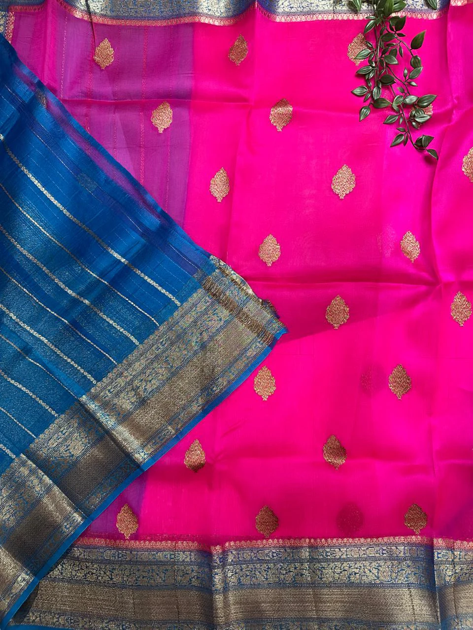 Pink n blue  pure kora organza silk saree - Image 3