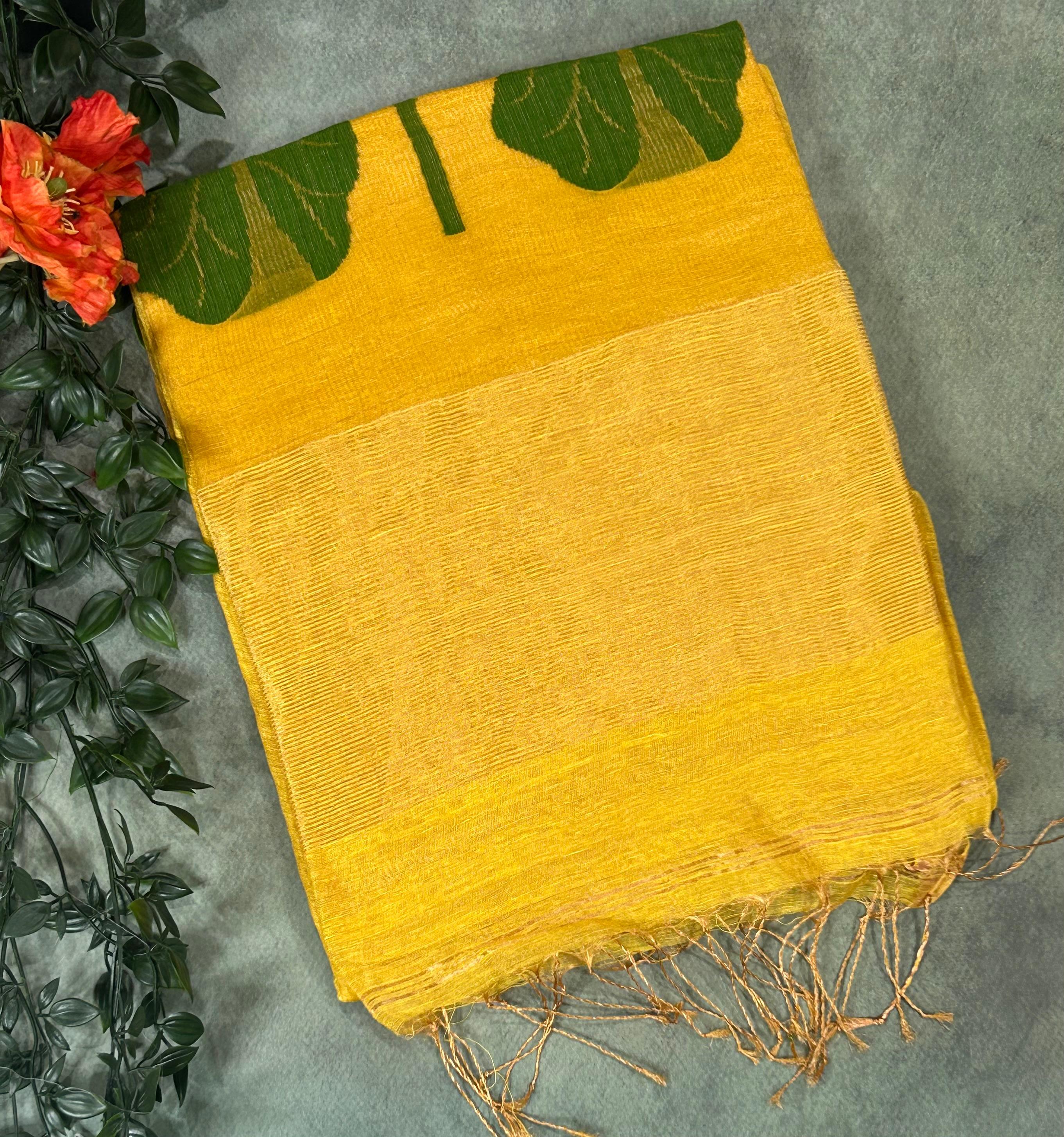 Yellow pure jamdani 102 linen saree - Image 2